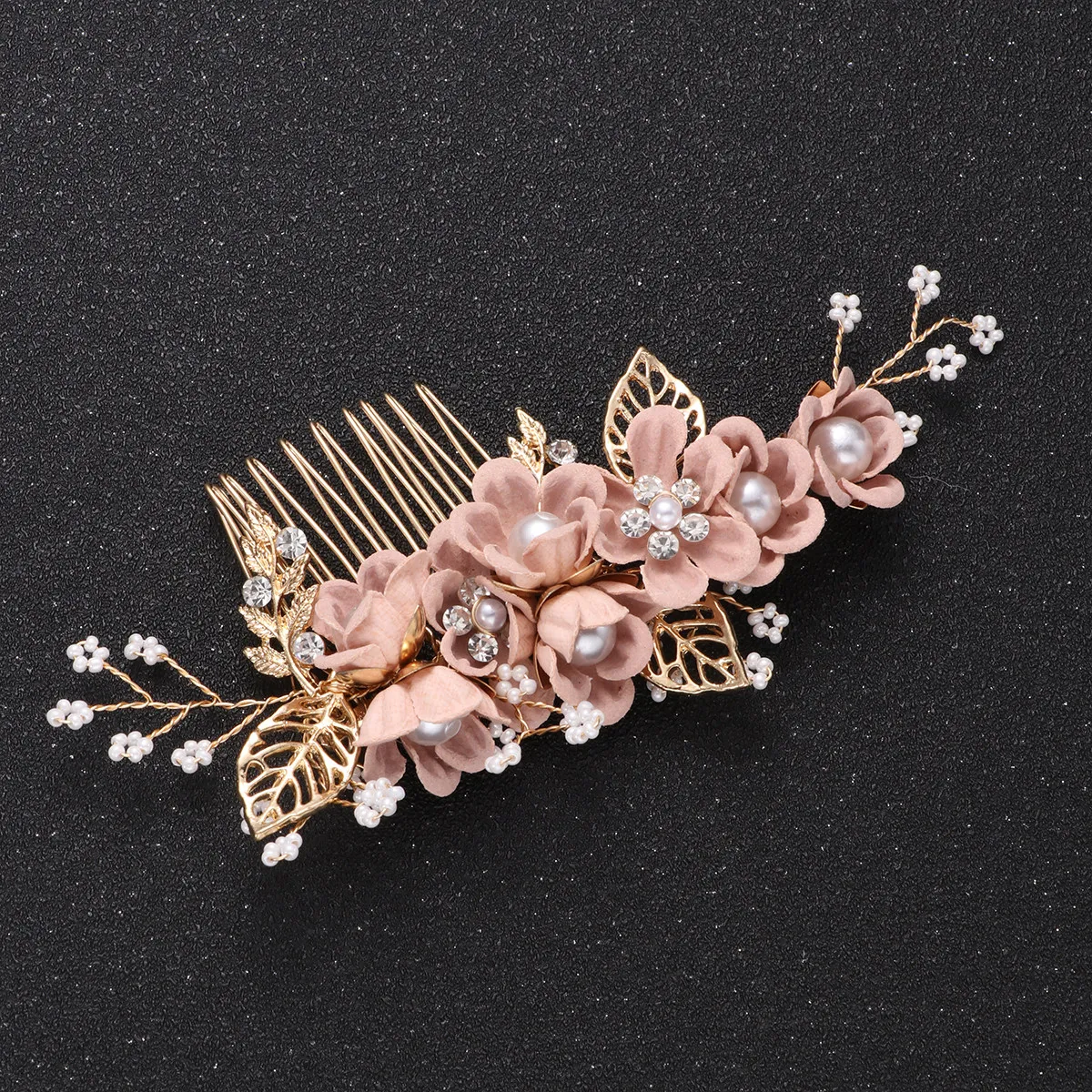 

1Pcs Bridal Hair Comb Pink Metal Leaf Cloth Flower Beads Rhinestone Inlaid Updo Half Up Hairstyle Wedding Party Prom Accessory