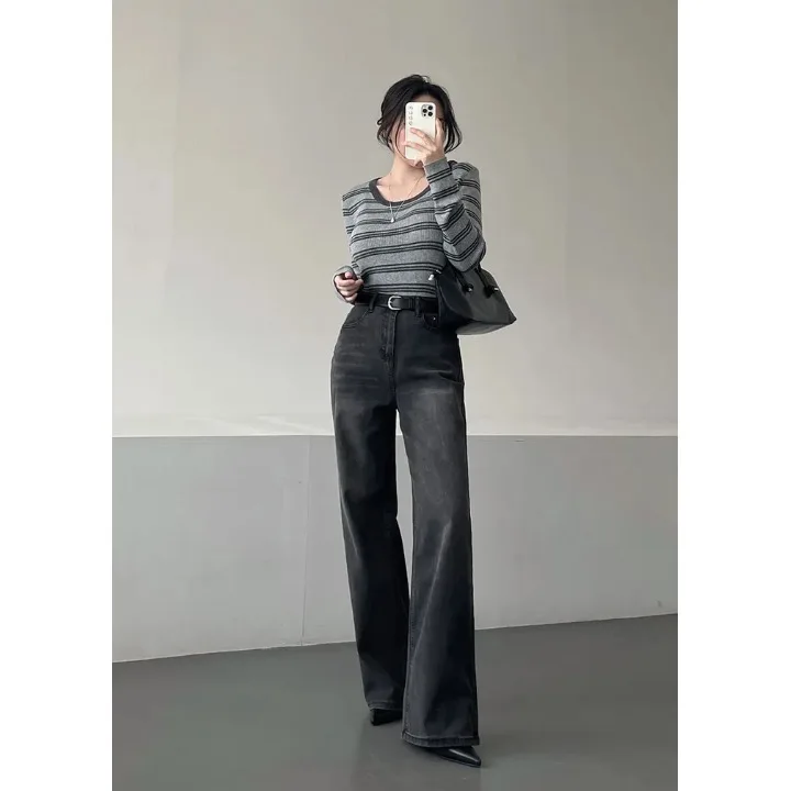 

High Waist Straight Leg Denim Jeans Retro Black Grey Wide Leg Loose Slimming Versatile Long Pants for Women Spring Autumn