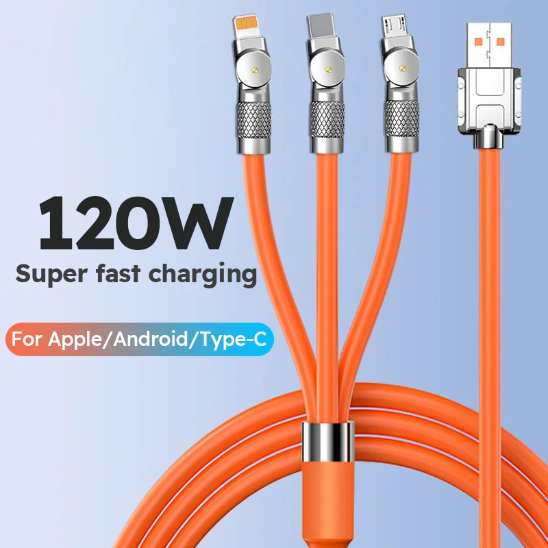 3 in 1 USB Cable 6A 120W  USB Cable  Fast Charging Data Cord For Iphone Samsung Huawei Xiaomi Multi Port Multiple Charging Wire