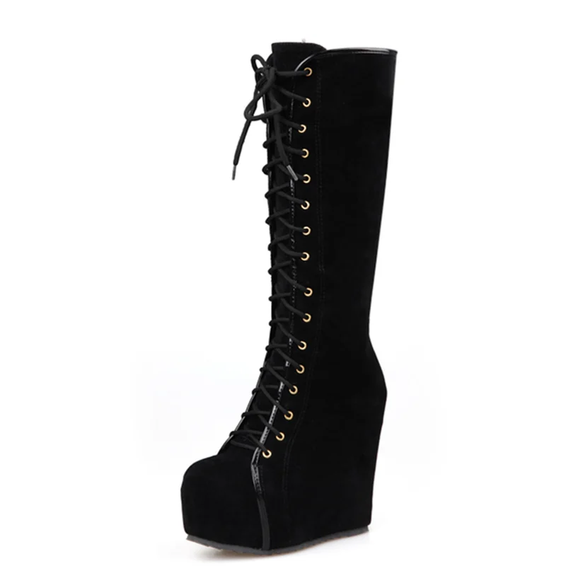 Fashion Knee High Boots Women Platform Sexy Wedge Heels Women's High Boots Flock Lace-up Round Toe Black Dance Shoes For Girls image 2