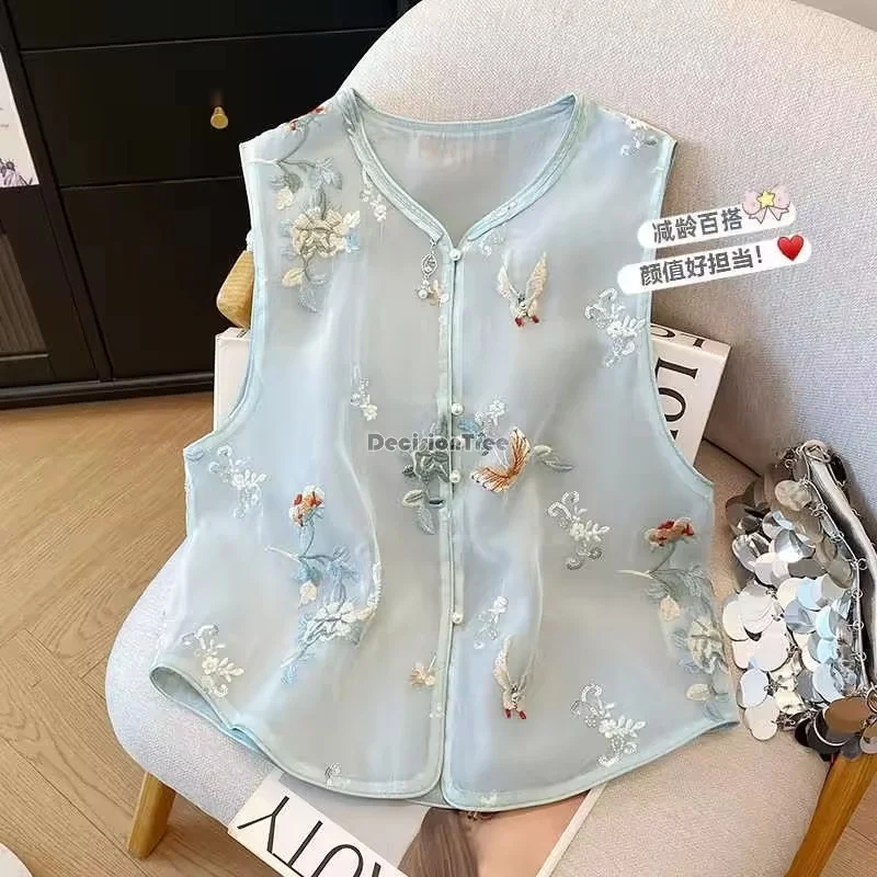 

Chinese Style Waistcoat Women's Summer New Organza Embroidered Flower Waistcoat Vest Sleeveless Elegant Tang SuitVvest Ladies
