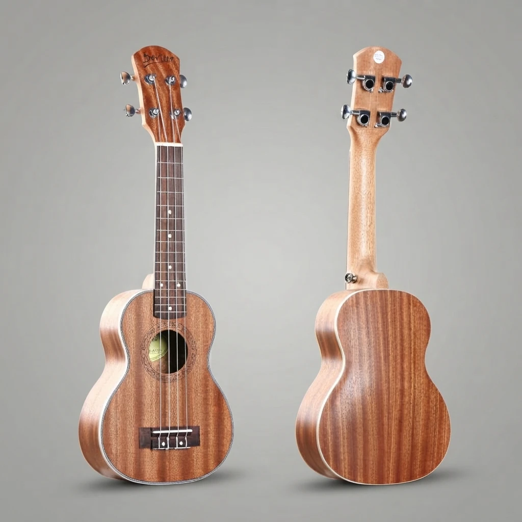 Natural Wood Soprano Ukulele, Gloss Top Dark Striped Back, 4 Strings, Silver Open Tuners, Decorative Rosette for Beginners