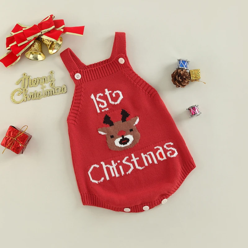 

Christmas Deer Pattern Sleeveless Knit Romper for Baby Boys and Girls Loose Fit with Button Closure Perfect for Summer and