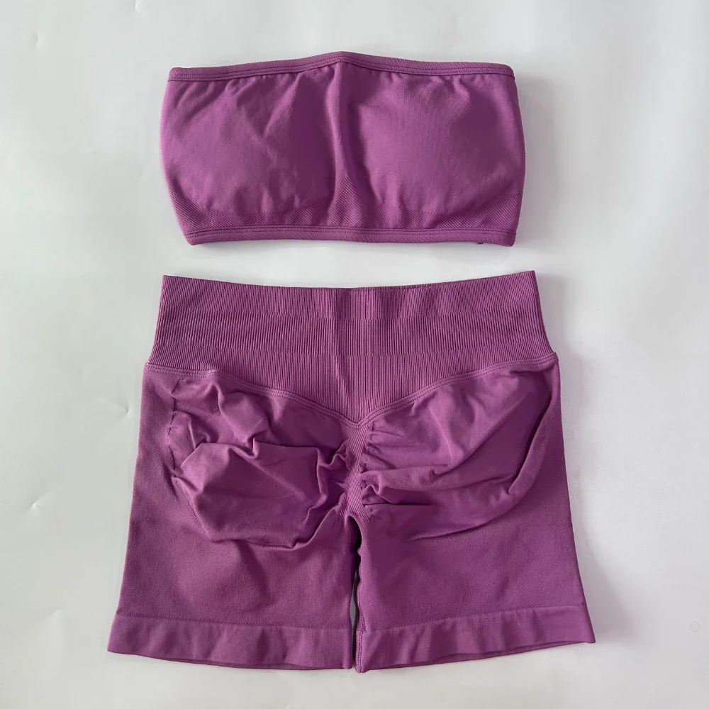 2-teiliges Impact Yoga Set für Damen, rückenfreier Bandeau-Sport-BH, Scrunch-Shorts, Yoga-Kleidung, Trainingskleidung, Outfits, Sets, Fitness-Set – Detail 18