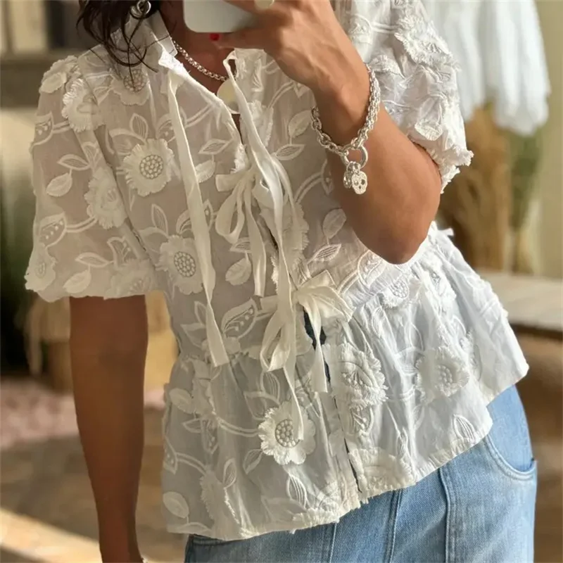 White Floral Embroidery Lace Up Short Sleeves Shirt for Women Elegant Loose Bow Puff Sleeve Top Chic Female Blouses Streetwear