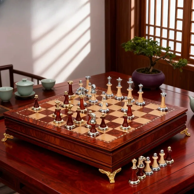 Solid wood chess metal inlaid solid wood chess pieces European high-end collection ornament decoration gift game chess