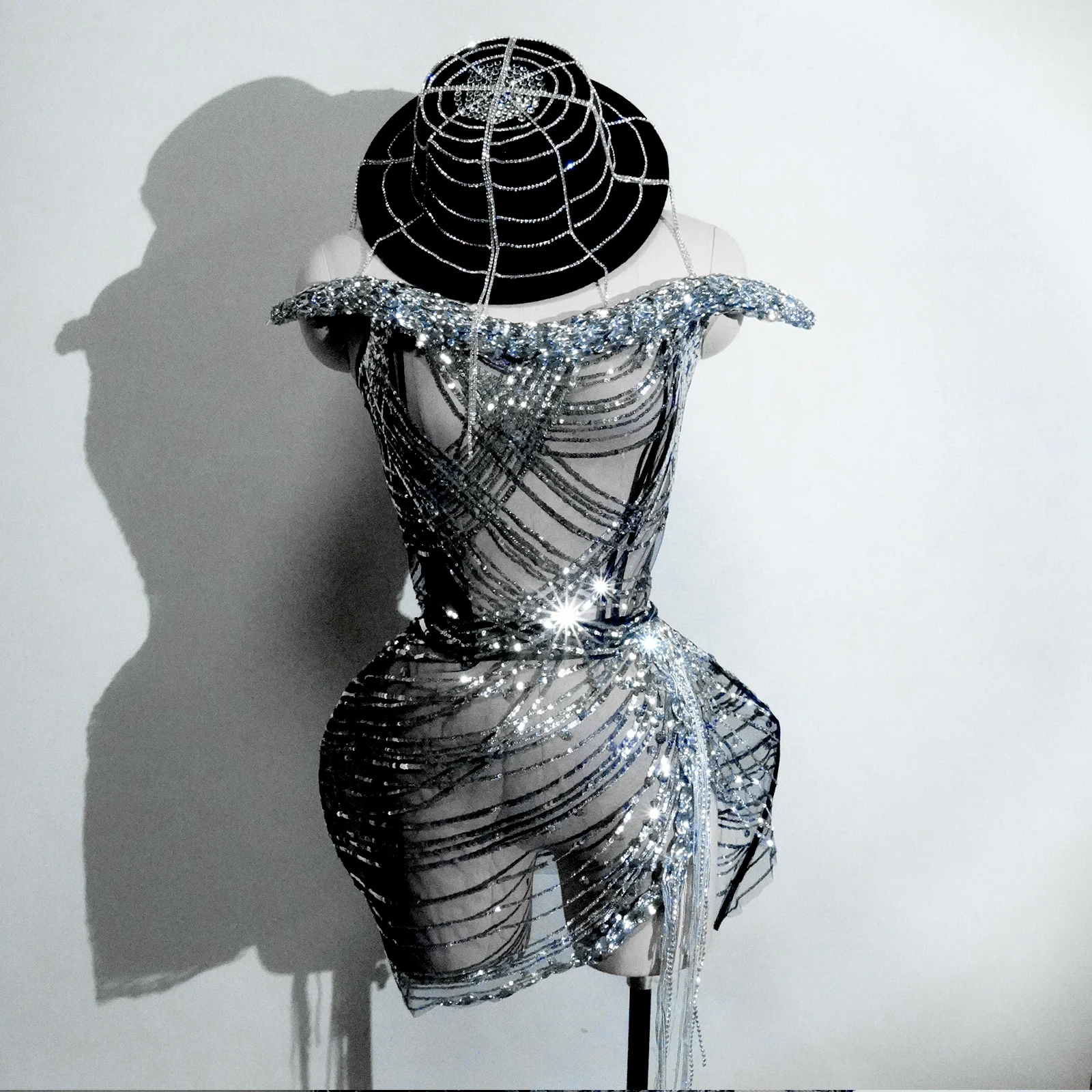 

Shiny Sequined Mesh Offtheshoulder Stage Performance Dress Black Webshaped Top Hat Birthday Party Club Dance Performance Costume