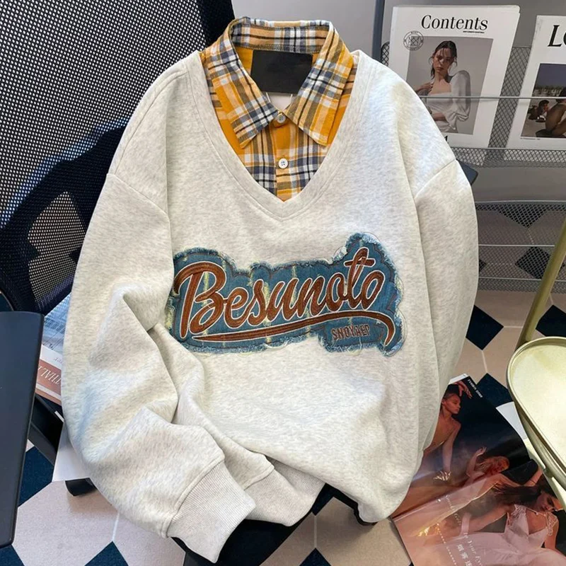 

Oversized Korean Fake Two Pieces Plaid Patchwork Sweatshirts Autumn Loose Vintage Top Tee Femme Casual Letter Pullover T-Shirts