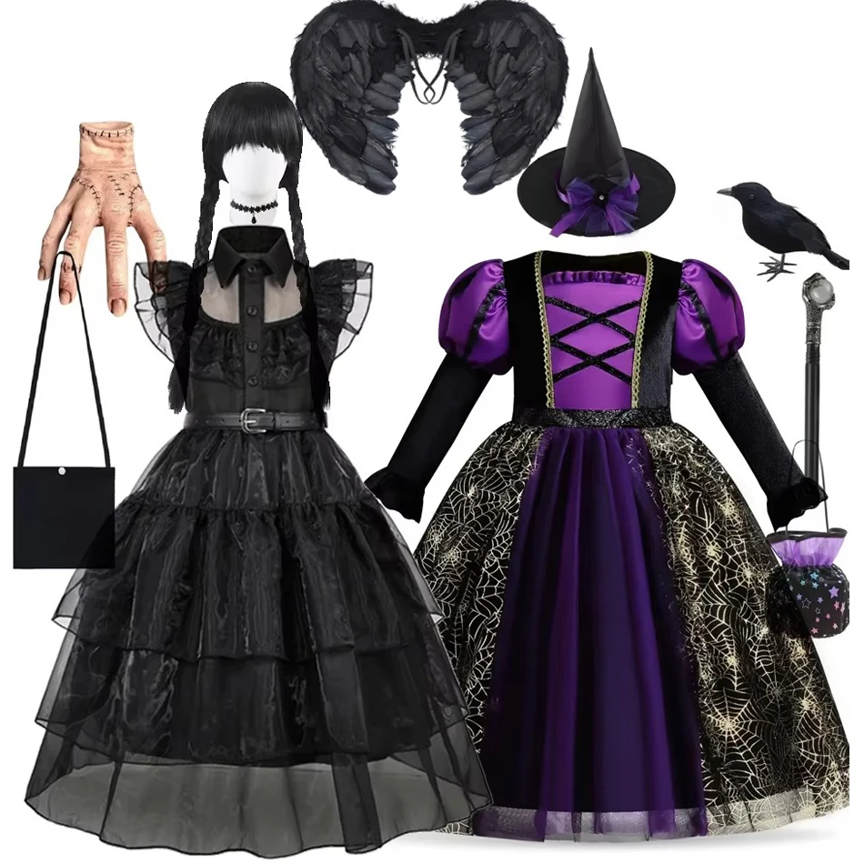 W-Wednesday Costume Addams Black Dress Halloween Costumes Kids Girl Witch Hats for Make up Party