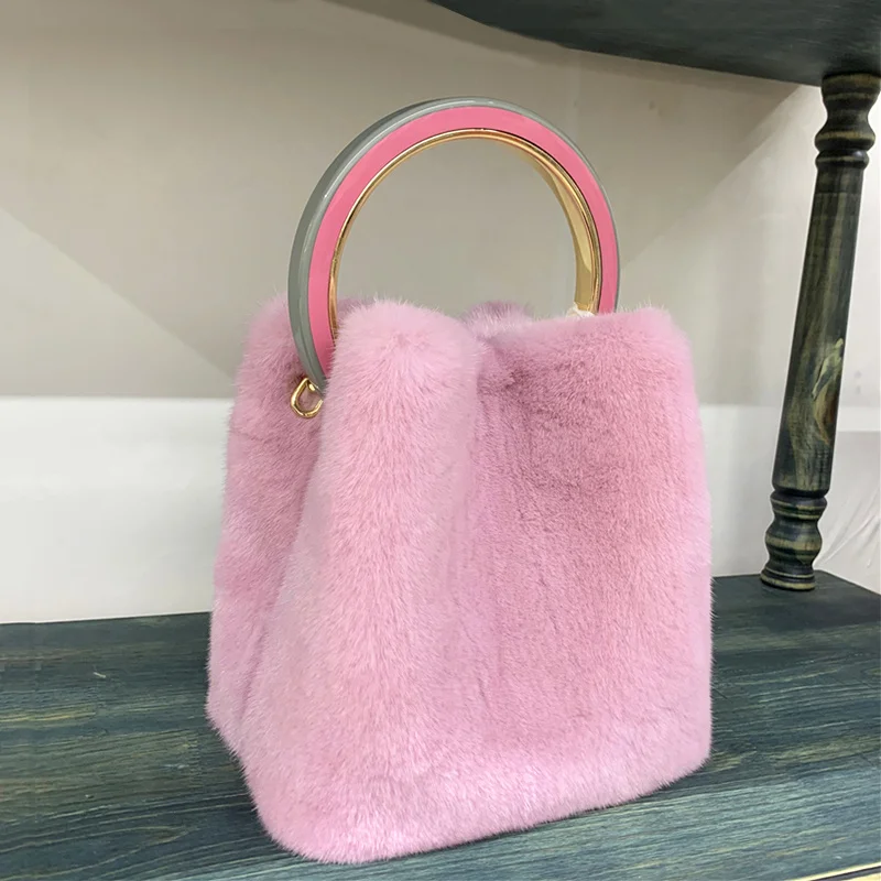 本物ミンクファー バケツ型ハンドバッグ 女性用 冬用