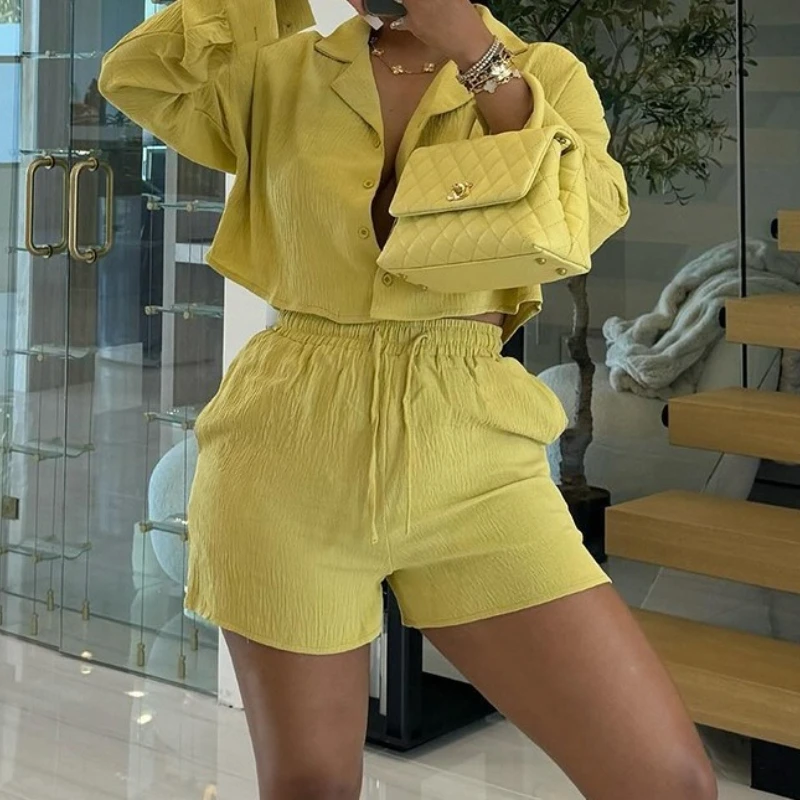 

Tracksuit Two Piece Short Sets Casual Women's Drawstring Shorts Pockets Full Sleeve Button Shirts Tops Suit Summer Beach 2025