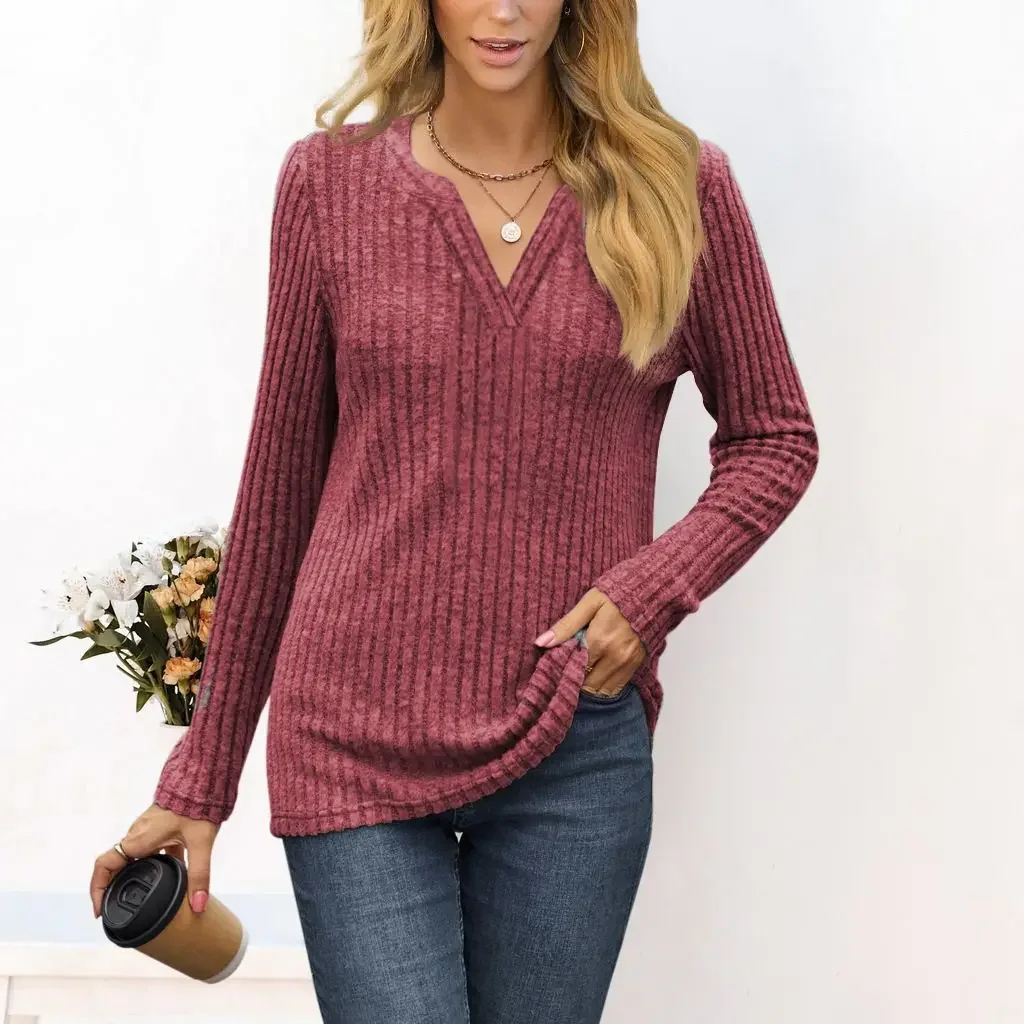 2024 European and American Autumn/Winter New Solid Color V-neck Loose Casual Long sleeved T-shirt Top for Women YBF43-3