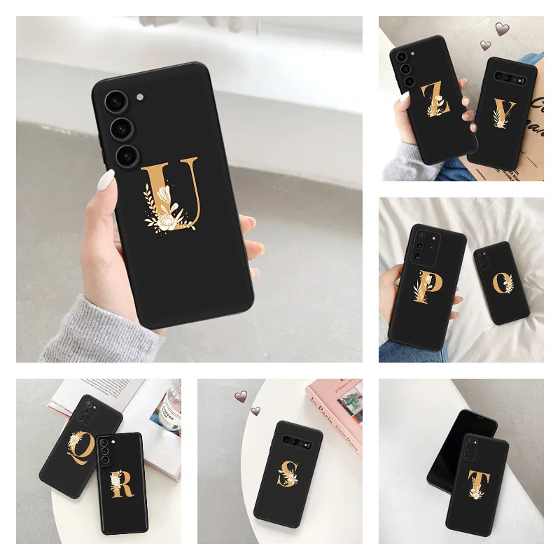 Phone Case for Samsung S24 Ultra S23 FE S22 S21 S20 S10 Z-U Golden Flower Letters Galaxy Note20 Plus Soft Black Silicone Cover