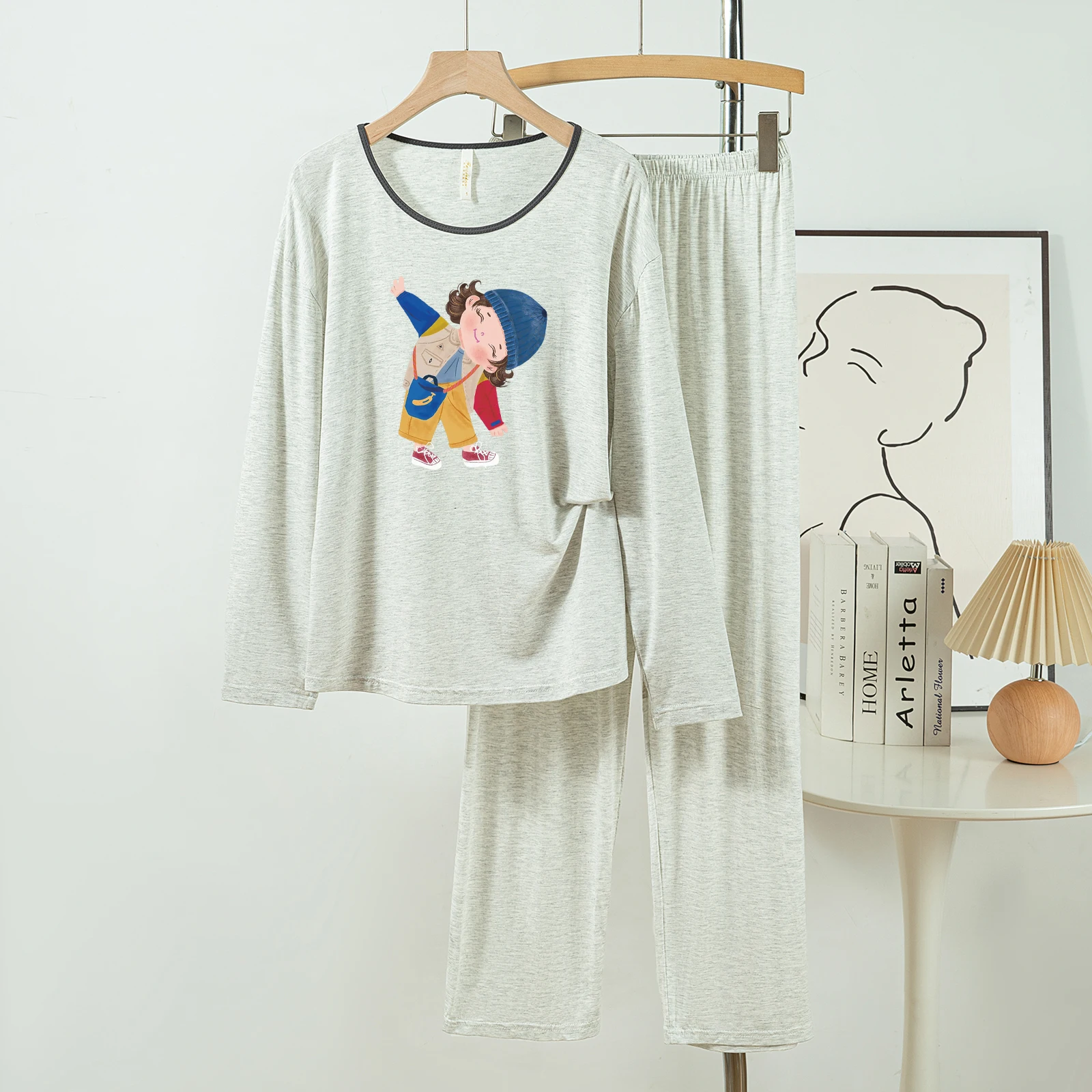 

5181-35 Casual and Comfortable Modal Cotton Pajamas for Women, New Spring and Autumn Long-Sleeved Long Pants Solid Color Casual