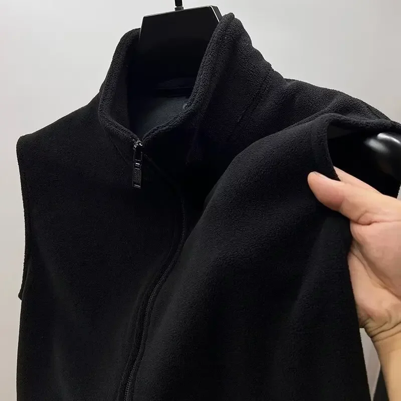 Men's Autumn/Winter Thickened Zip-Up Stand Collar Vest Solid Color Fleece Cardigan Jacket Double-sided Australian Fleece Tank To