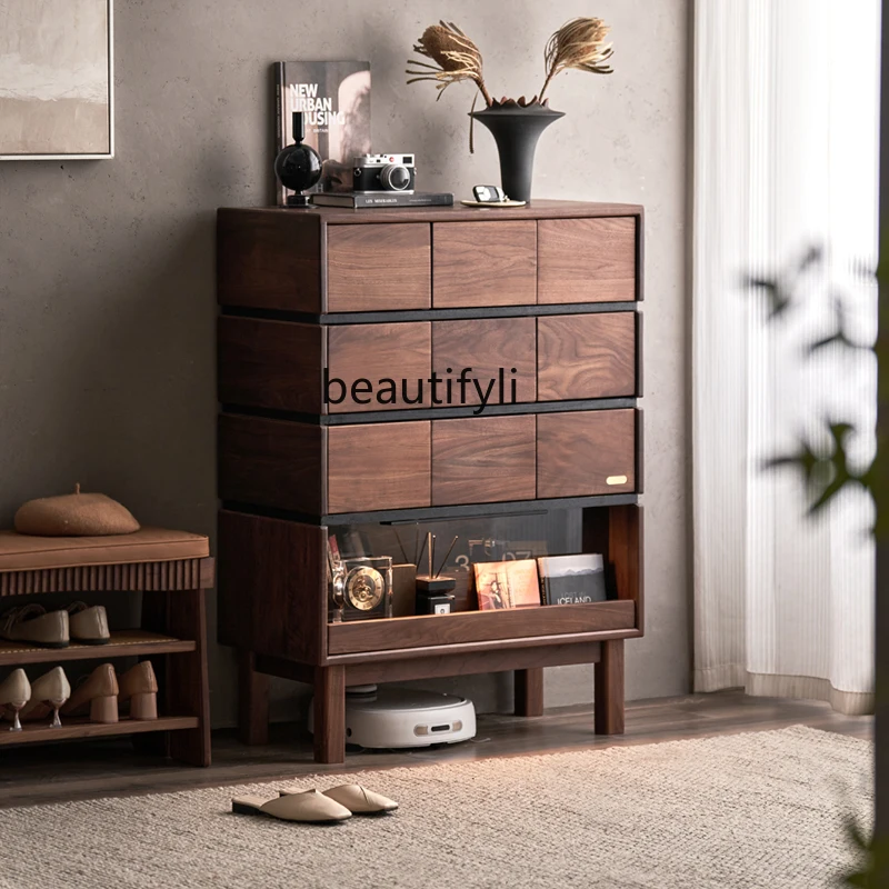 

Solid wood multi-drawer chest cabinet sofa side cabinet black walnut storage living room locker