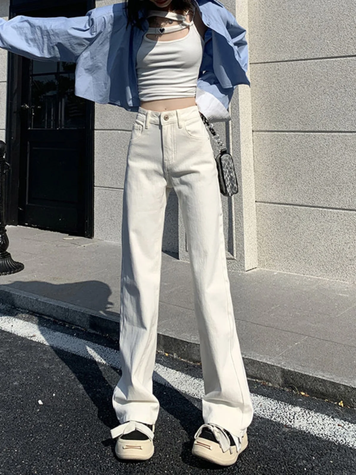 

High Waist Wide Leg Jeans Women's Straight Cut Versatile White Denim Pants Spring 2024 Slimming Long Trousers Korean Sle