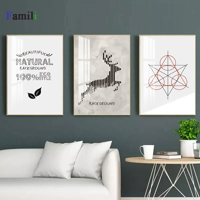 Toile de vie morte nordique noir et blanc, peinture de Branches d'arbre, animaux, géométrie, loup et cerf, affiche pour mur de maison et de chambre