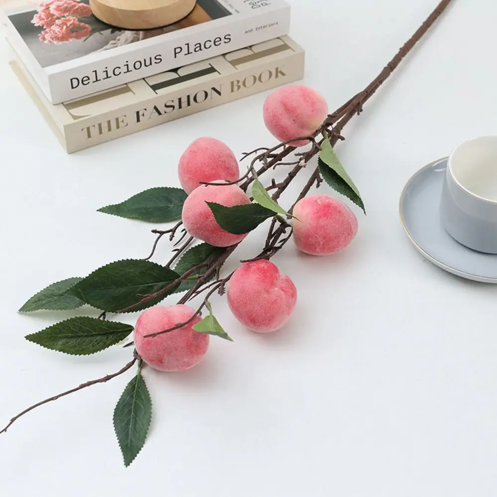 6 Heads Artificial Peach Branch Realistic Plastic Simulation Peach Fruit Handmade Fake Plants Office Desktop Decoration