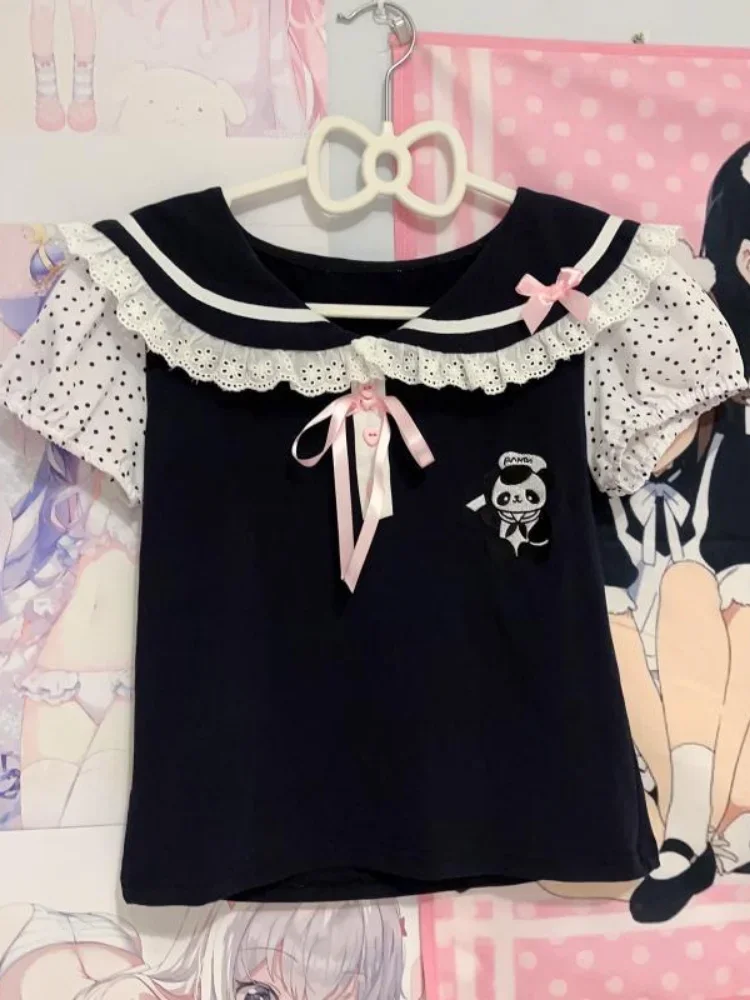 Desenhos animados kawaii feminino bordado camiseta gráfica, camiseta com renda Y2K, moda Harajuku, tops casuais, camisetas fofas, japonês