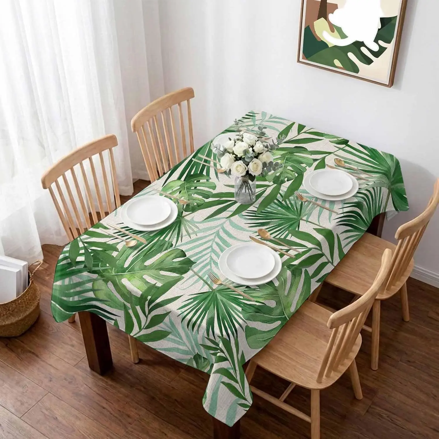 Wasserdichte Tischdecken mit tropischen Palmblättern, rechteckig, Sommergrün, Monstera-Blätter, Pflanzen-Tischdecke für Küche, Esszimmer, Party