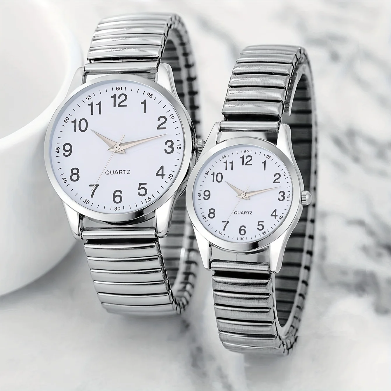 2pcs Simple Digital Steel Band Quartz Watch, Daily Wear Couple Watch