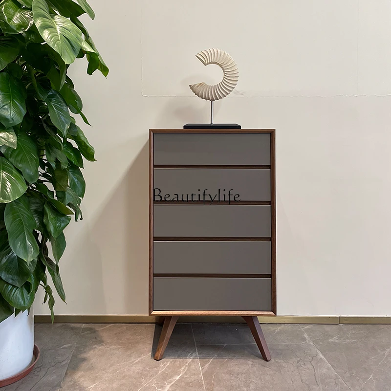 

04Medieval solid wood walnut-colored bucket cabinet, wabi sandy wind storage locker