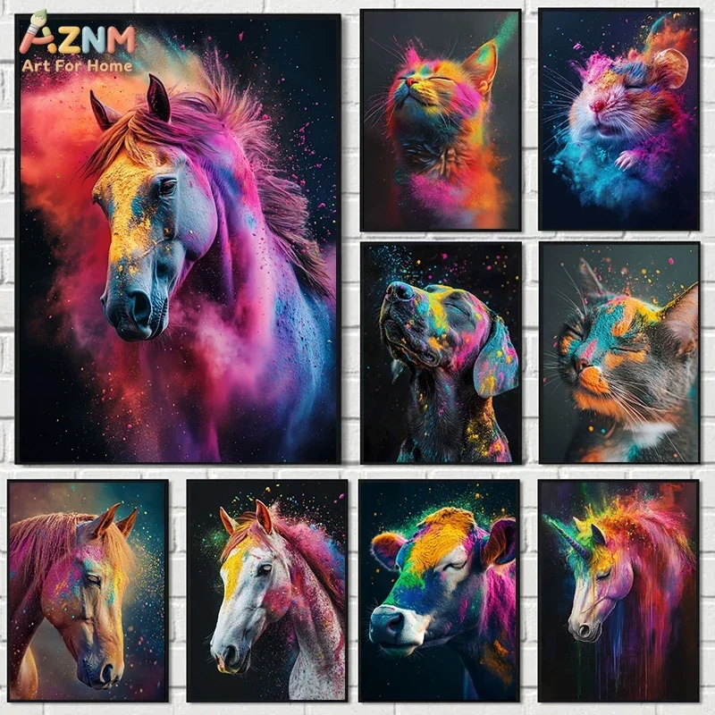AZNM Color Powder Splash Animal Canvas Wall Art Horse Cat Dog Cow Unicorn Vibrant Rainbow Graffiti Style Art Print Poster Home D