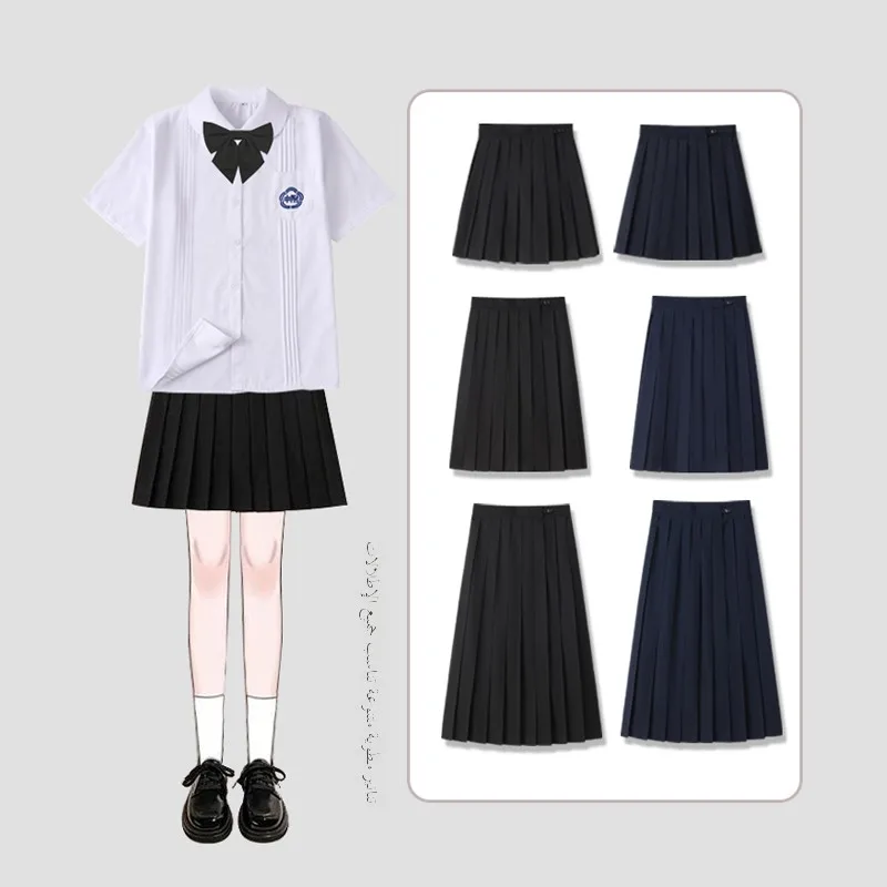 Black Midi Pleated Skirt Student Uniform Style JK Skirt Elastic Waist Polyester Fiber Casual Wear Summer Season