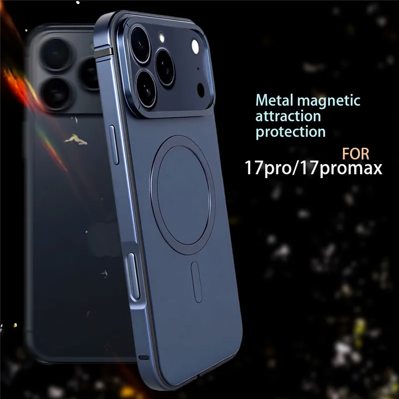 For iPhone 16 17 Pro Max Metal Titanium Magnetic Charging Case For iPhone 15 Pro Max Stainless Steel Bumper Shockproof Cover