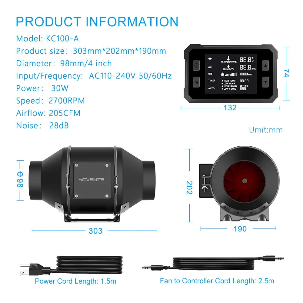مروحة قناة مضمنة من KCvents محرك EC مقاس 4 بوصة مع تحكم في السرعة مناسبة لمروحة تهوية المائية والدفيئات الزراعية والمنازل