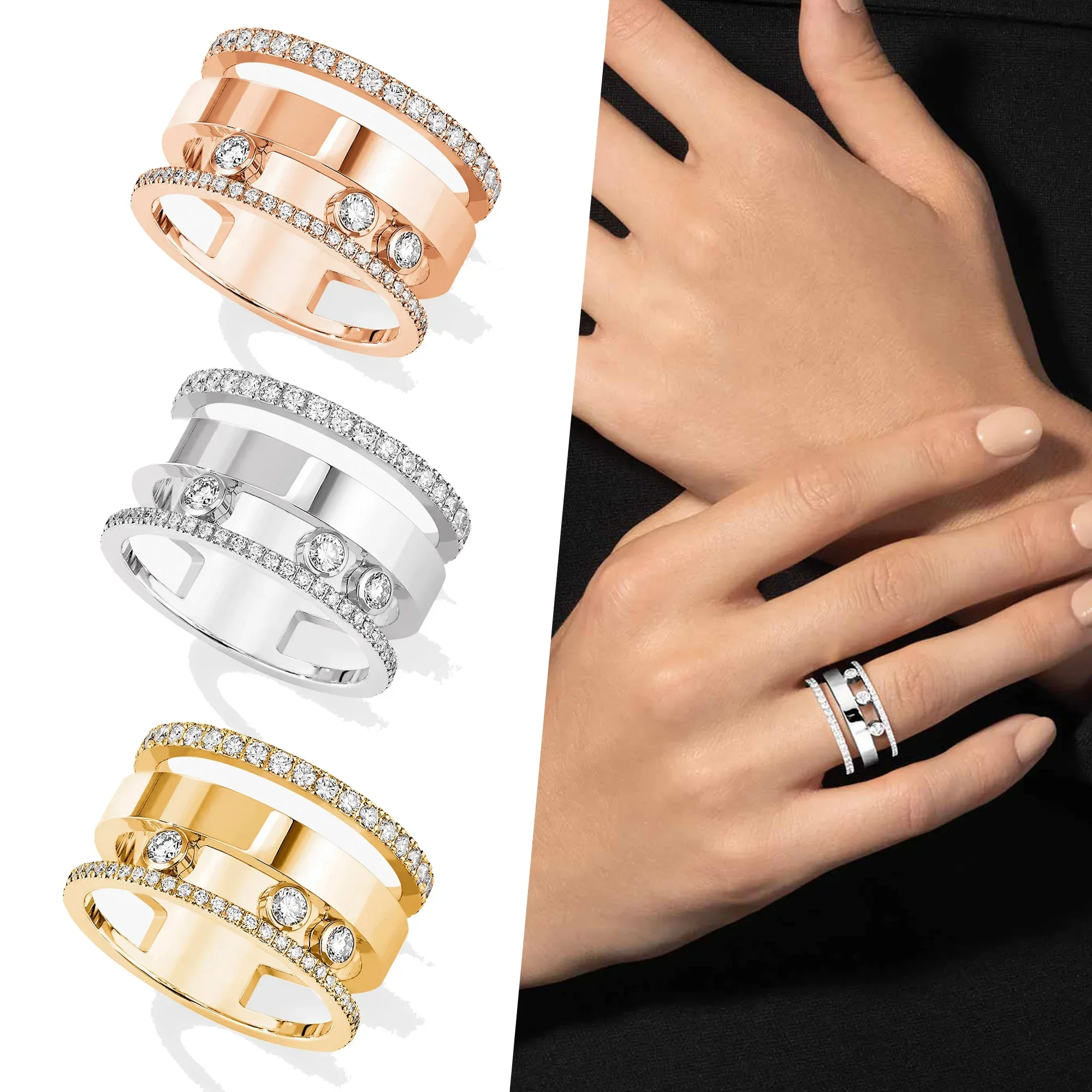 

2025 New Sterling Silver s925 MOVE ROMANE Large Layered Three Layer Hollow Removable Diamond Shining Trendy Women's Ring