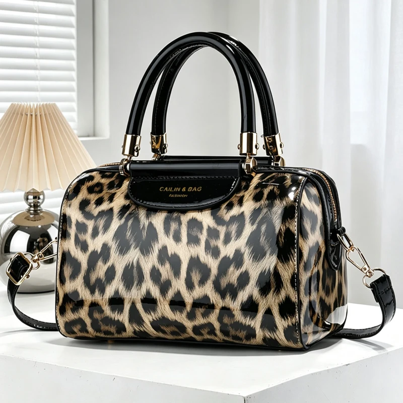 Women's Patent Leather Leopard Print Boston Handbag, Large Capacity Handbag with Multiple Pockets, Women's Crossbody Bag with Ad