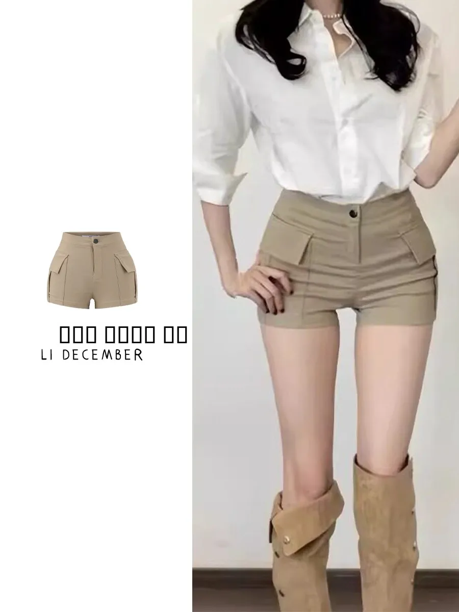 カーキワークウェアショートパンツ女性のハイウエストスリムフィットバットリフティングホットパンツ春夏新スタイルカジュアルタイトパンツ