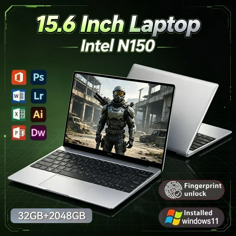 15.6 Inch All Purpose Light Notebook Intel N150 32GB RAM 2TB SSD Windows11 Fingerprint Unlock For Study & Entertainment
