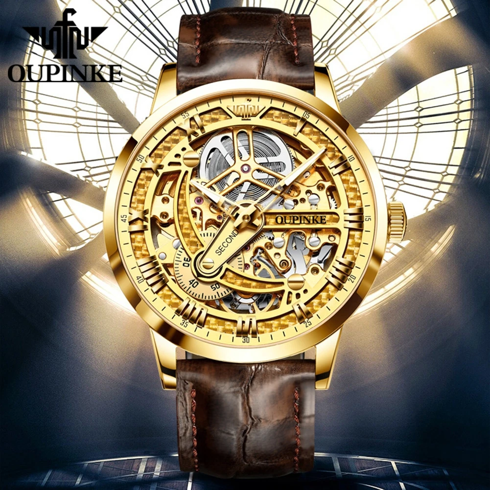 OUPINKE jam tangan pria merek mewah, jam tangan mekanis otomatis penuh emas, jam tangan asli bercahaya tahan air pengurang harga bagus