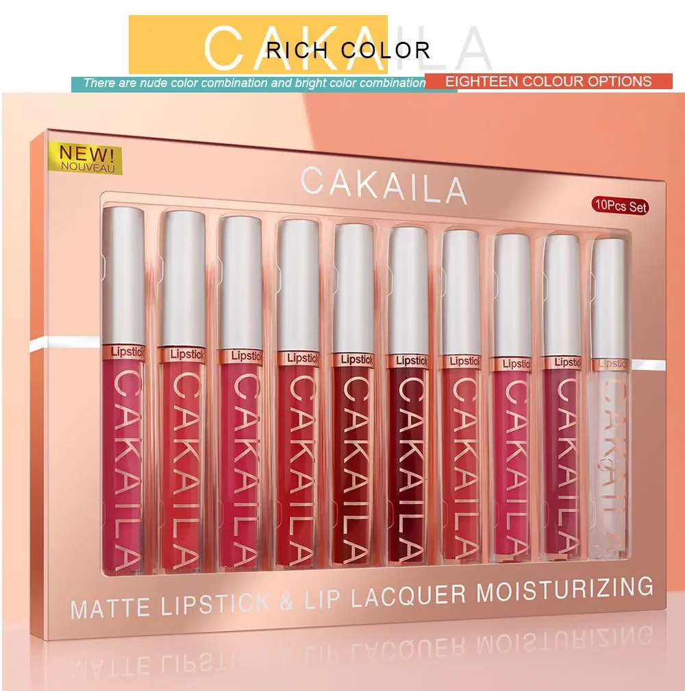 CAKAILA 10Pcs/Set Pro 24HR Weightless Colour Matte Nude Velvet Liquid Rich Matte Finish Lipstick Lipgloss  Waterproof Lip Makeup