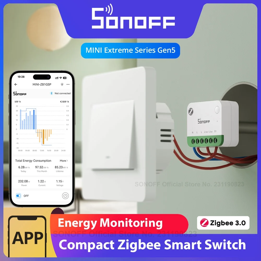 SONOFF MINI-ZB1GSP MINI ONE PM Interruptor Inteligente Zigbee 16A Max com Monitoramento de Energia e Contas de Eletricidade via Matter Bridge para Apple Home