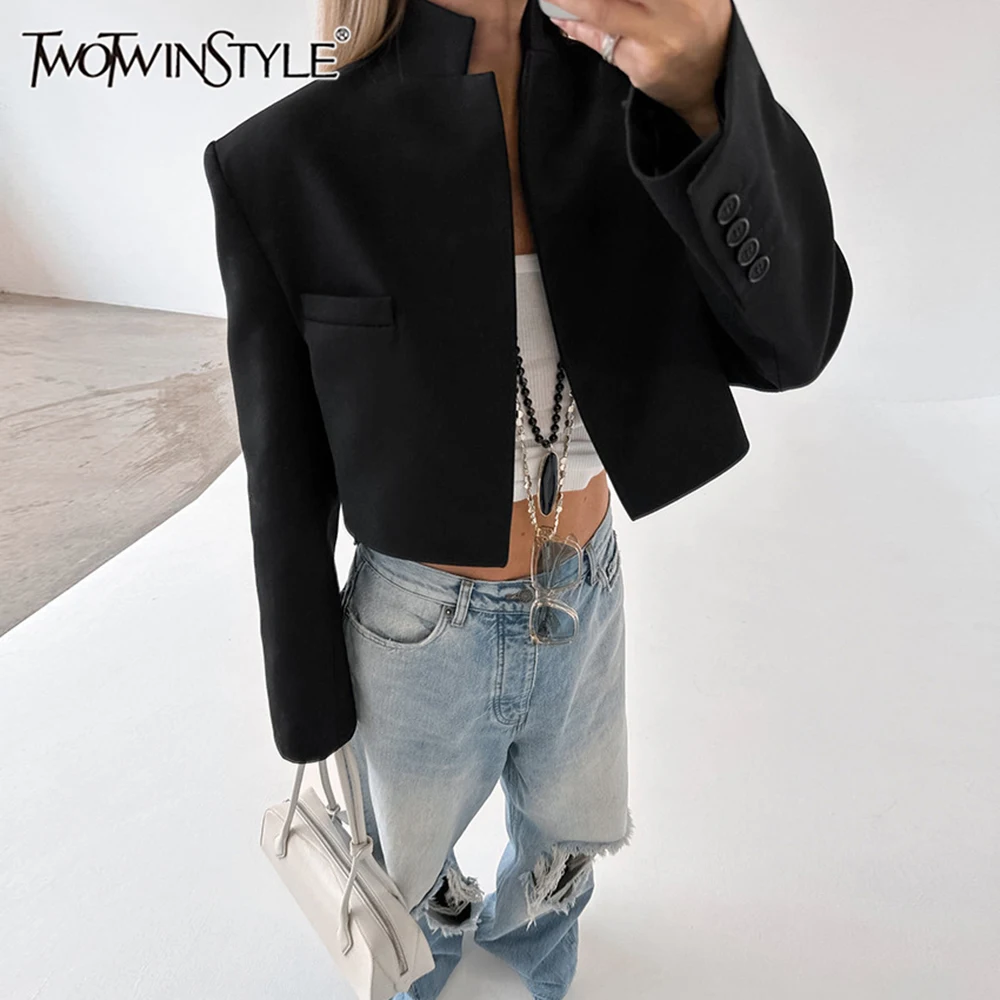 TWOTWINSTYLE Solid Minimalist Coats For Women Stand Collar Long Sleeve Temperament Jackets Female Fashion New Style Clothes 2024