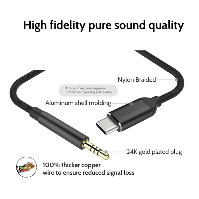 3.5 Jack Aux Audio Cable Type C to 3.5mm Jack Adapter Cable Speakers Car Phone Accessories USB C Adapter Wire Adapter Cord 1.5m