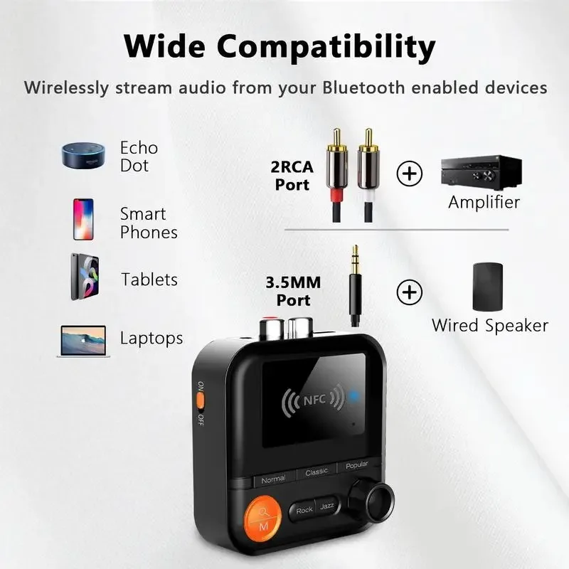 2 In 1 Bluetooth 5.2 Audio Transmitter Receiver 5 EQ Modes 3.5mm AUX RCA Jack Stereo Wireless Adapter for TV PC Car Kit Speaker