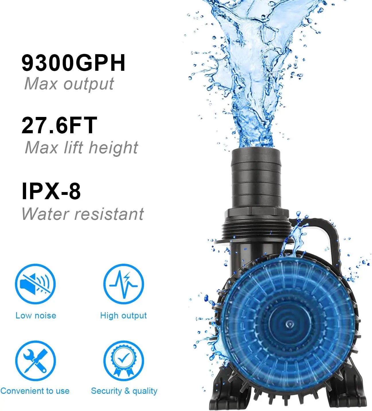 Outdoor Large 9300gph-620W 32.8FT Pond Water-fall & Kio Fish Fountain-s &Garden Pump Submersible IPX8: Long 32.8FT Cord Smart-er