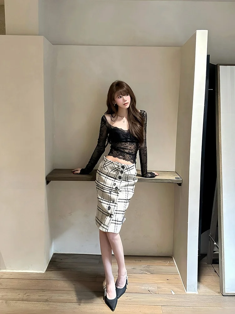 

Sexy Lace Back Base Shirt Spring Summer Plaid Fish Tail Skirt Set Women's High Waist Slim Fit Commute Style Casual Fashion
