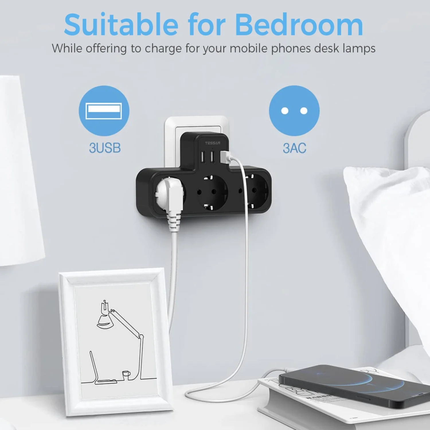 TESSAN أسود الاتحاد الأوروبي التوصيل مقبس الحائط موسع مع 3 منافذ التيار المتناوب 3 منافذ USB متعدد العاب محول الطاقة حماية الزائد للمنزل/المكتب