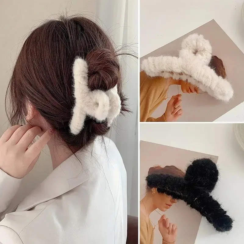 Winter Plush Hair Claw Elegant Acrylic Hairpins Faux Fur Hair Clip Barrette Crab Headwear for Women Girls Hair Accessories