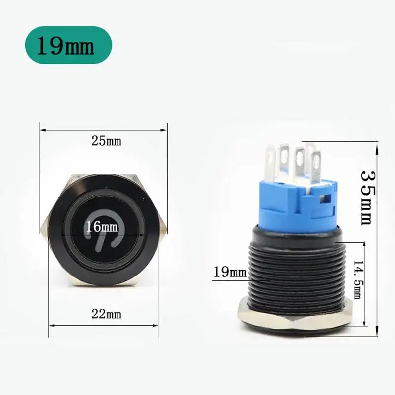 19mm Wasserdichte LED Licht Eloxiert Oxid Schwarz Momentary Rast Auto Motor PC Power 3-380V DIY Metall push Button Switch