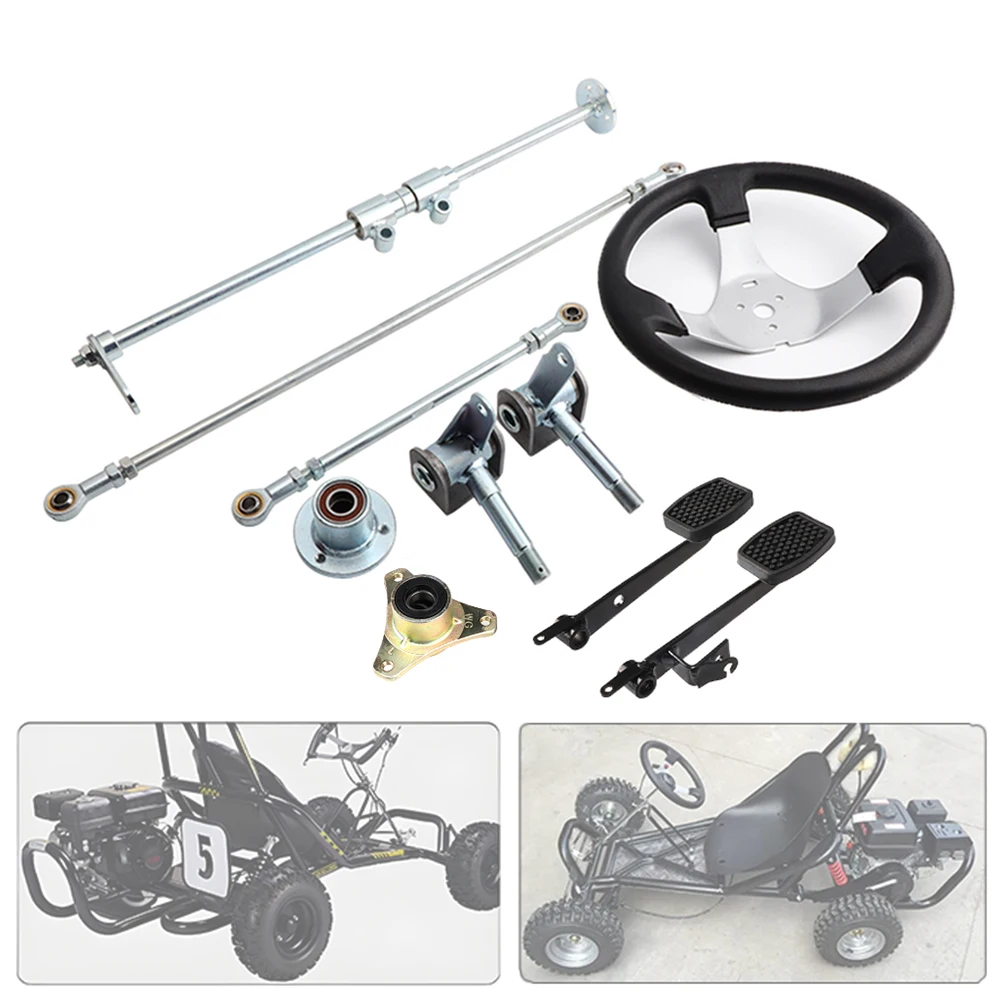 

For 168cc 196cc 212cc Go Kart Front Steering Assembly M10 Tie Rod Ball Joint Kit With Brake & Throttle Pedal Knuckle Spindle Hub
