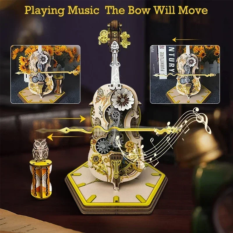 Magic Cello Music Box 3d Wooden Puzzle Mechanical Music Box Kit With Base Handmade Diy Toys Magic Cello Mechanical Music Box