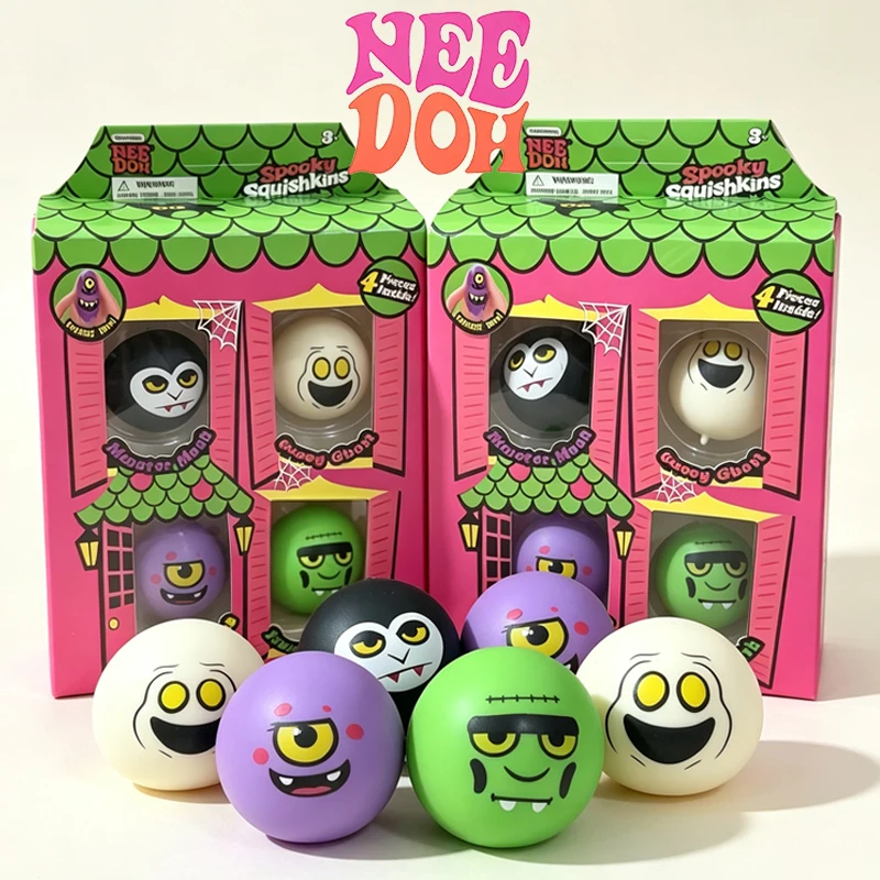 Needoh Spooky Squishkins Mini 4 Pack Halloween Monster Ball Flour Filling Quick Rebound Stretch Anxiety Relief for Adults Gift