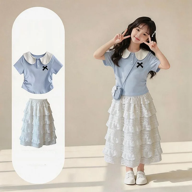 

2026 summer girls Clothes Children set short sleeve bow Teen FASHION BLUE t shirt tops + lace pleated tutu skirt 4 8 10 12 year